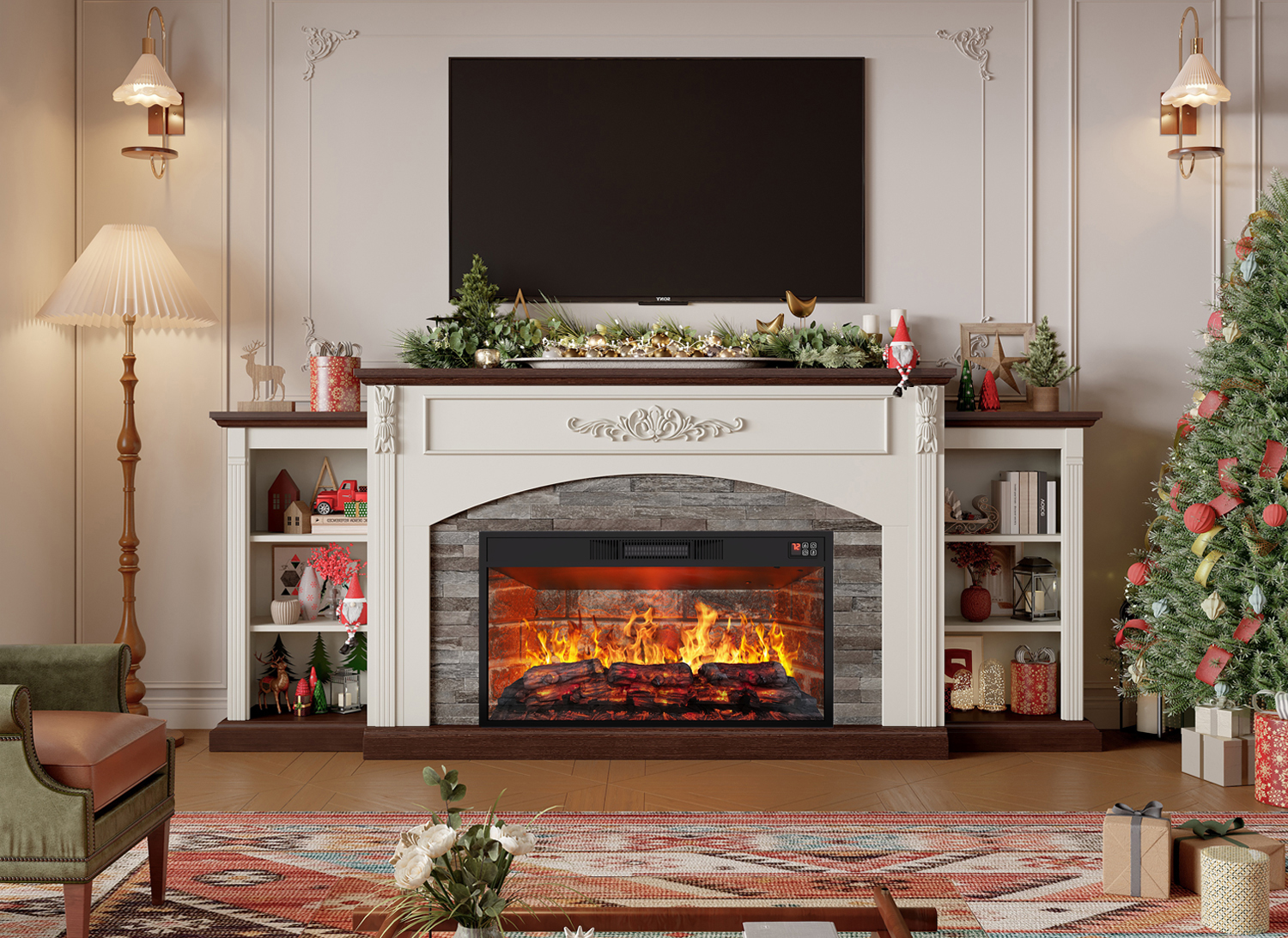 80" Electric Fireplace with Mantel, TV Stand for TVs Up to 90 Inch, Entertainment Center with Storage for Bedroom, 30'' Fireplace Insert Heater for Living Room