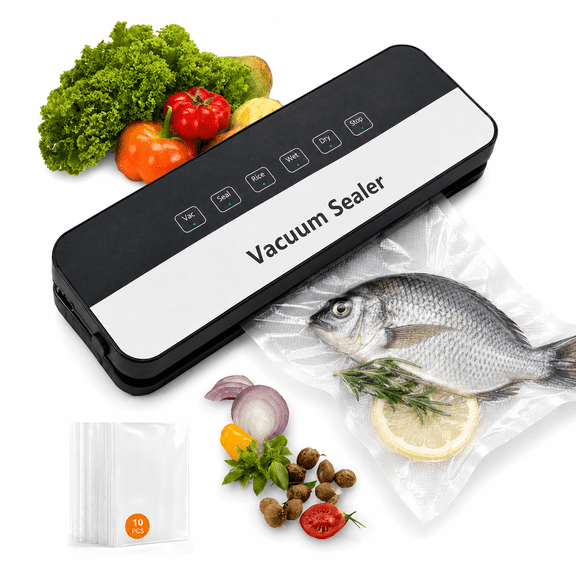Food Vacuum Sealer Machine with 10PCS Food Vacuum Sealer Bags, Food Storage Saver Dry & Moist Food Modes, Led Indicator Lights, Easy to Clean, Compact Design