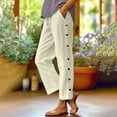 thumbnail image 2 of Ecqkame Summer Womens Cotton Linen Pants Lightweight Casual Solid Color Button Outdoor Pants Elastic High Waisted Drawstring Work Pants with Pockets 01-Beige XXXL, 2 of 5