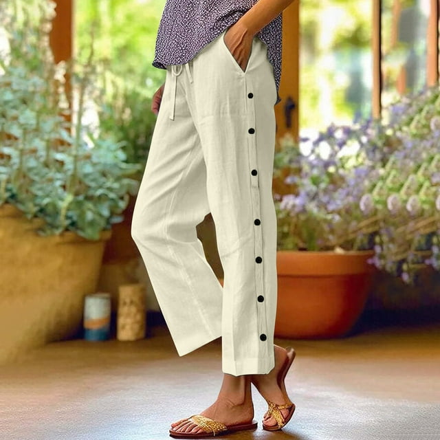 IWRUHZY Womens Linen Pants Wide Leg Drawstring Waist Side Buttons Cropped Casual Trousers for Daily Outdoor Wear