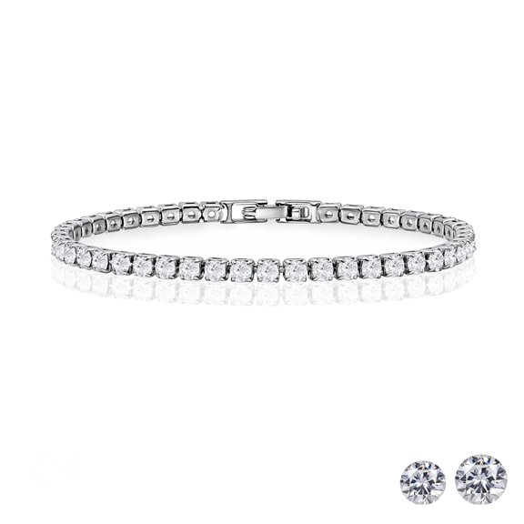 JeenMata 3 Carat Round Cut Moissanite Tennis Bracelet Eternity Design in 18K White Gold over Silver, Female, Adult