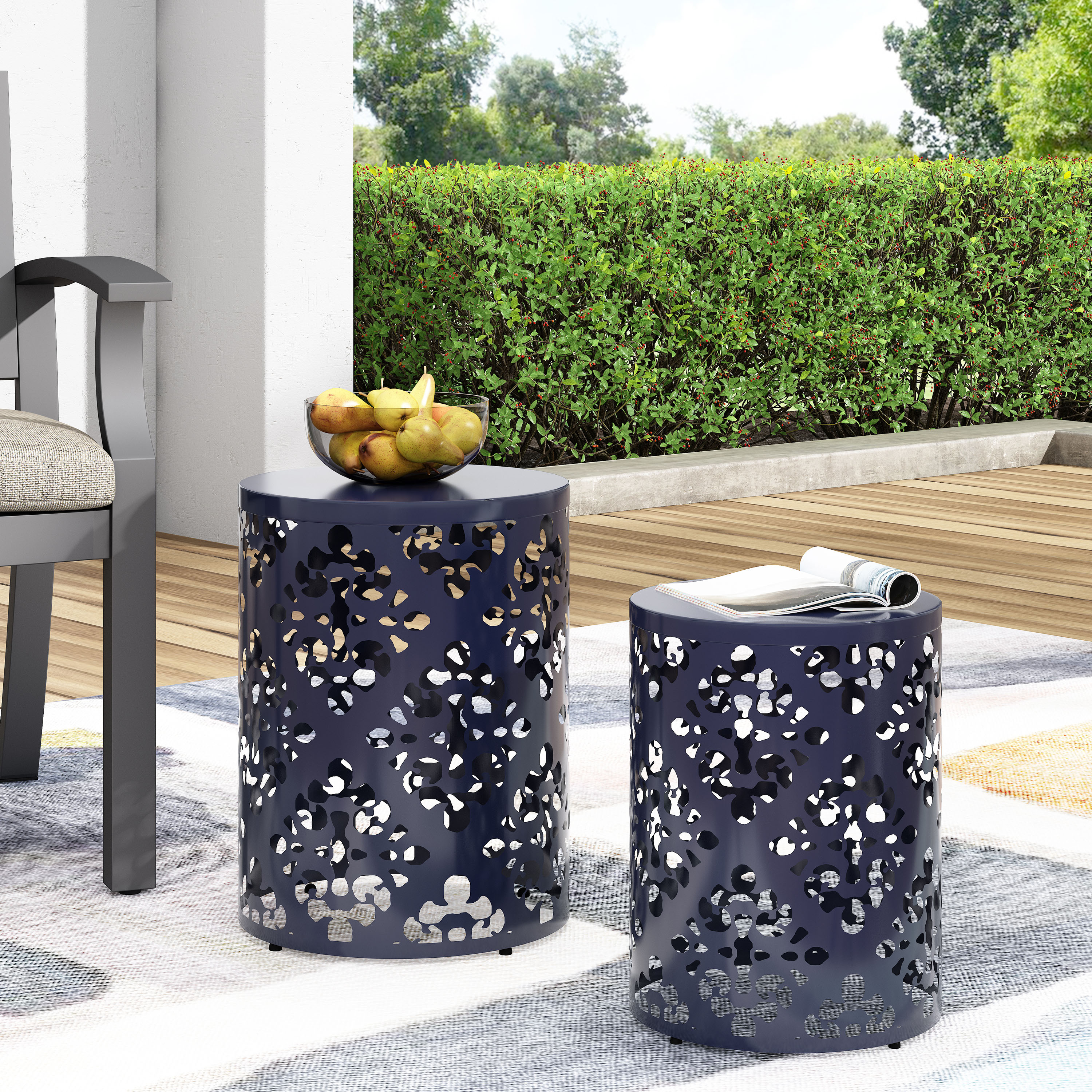 Outdoor Nesting Side Table Set of 2, Cylindrical Floral Pattern Structure for Patio Garden, Navy Blue