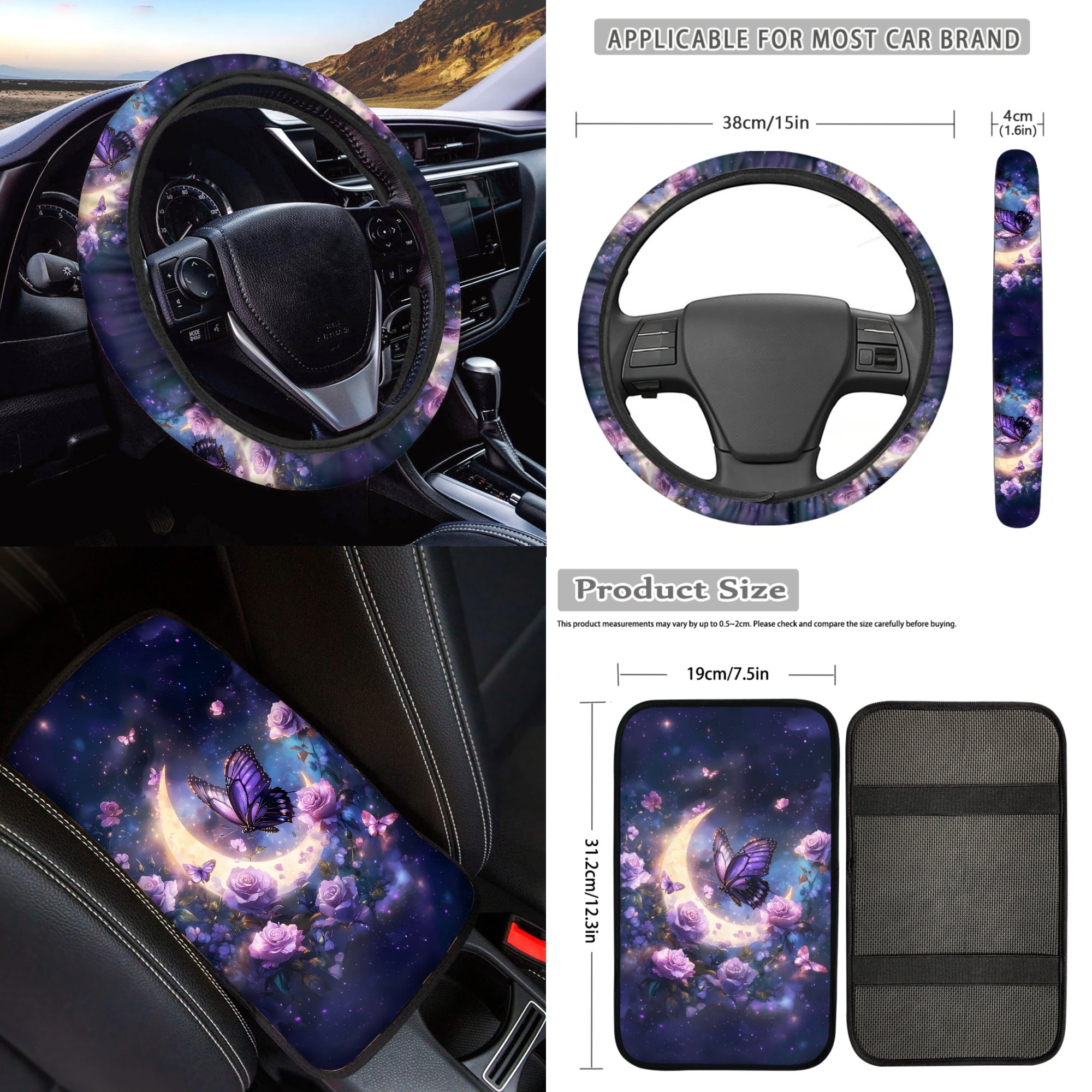 Jeiento Butterfly Car Seat Cover Full Set for Women Men, 17 Pack Car Seat Covers Floor Mats Moon Flower Steering Wheel Cover Seatbelt Cover Armrest Cover Automobile Accessories, Purple