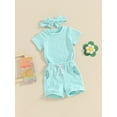 thumbnail image 4 of Musuos Toddler Girls Casual Shorts Set, 6 12 18 24M 3Y Solid Color Short Sleeve T-shirt with Elastic Waist Shorts with Hairband 3 Piece Summer Set, 4 of 10