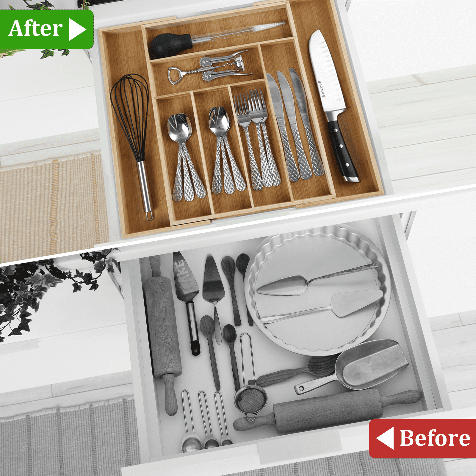 KitchenTrend Bamboo Expandable Drawer Organizer for Kitchen - Adjustable Utensil Tray 6-8 Slots