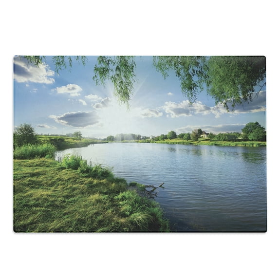 Nature Cutting Board, Sunny Day on a Calm River in Summer Sunshines Greenery Grass Outdoors Cloud, Decorative Tempered Glass Cutting and Serving Board, Large Size, Fern Green Sky Blue, by Ambesonne