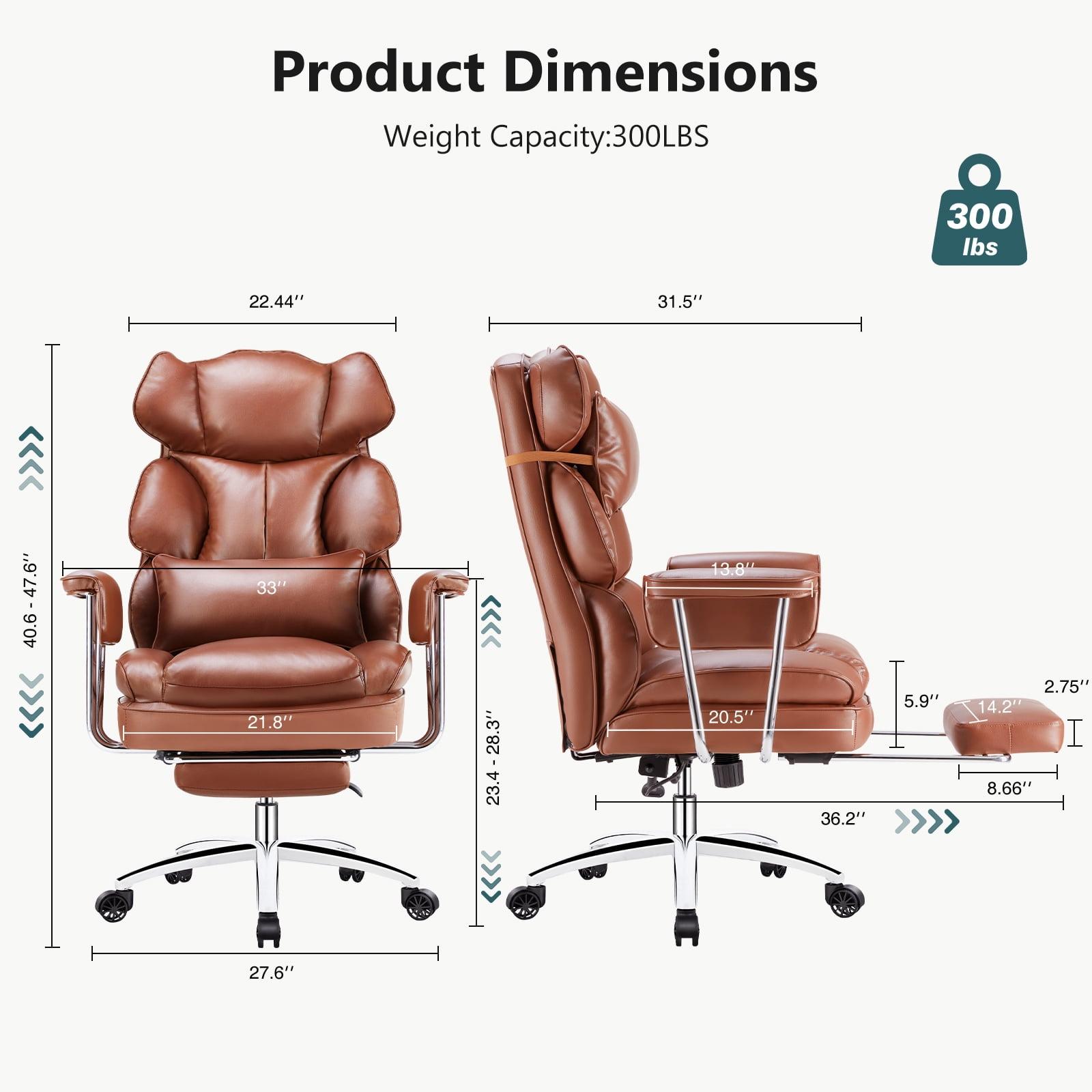 CONCETTA Executive Ergonomic Home Office Chair with Footrest & Lumbar Support, Big Tall High Back, PU Leather, Adjustable & Swivel, Brown