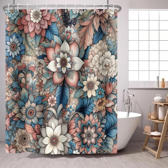 Boho Floral Shower Curtain Watercolor Flowers Fabric Bathroom Decor with Hooks 71x71 inches