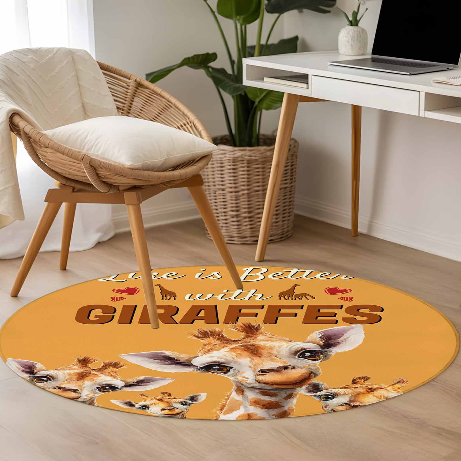 Giraffe Round Area Rug 4Ft Washable Circle Rugs for Bedroom Dining Room, Red Love Heart Rustic Animals Orange Non-Slip Carpet Floor Mats Indoor Outdoor Carpet Runner Aesthetic Home Decor