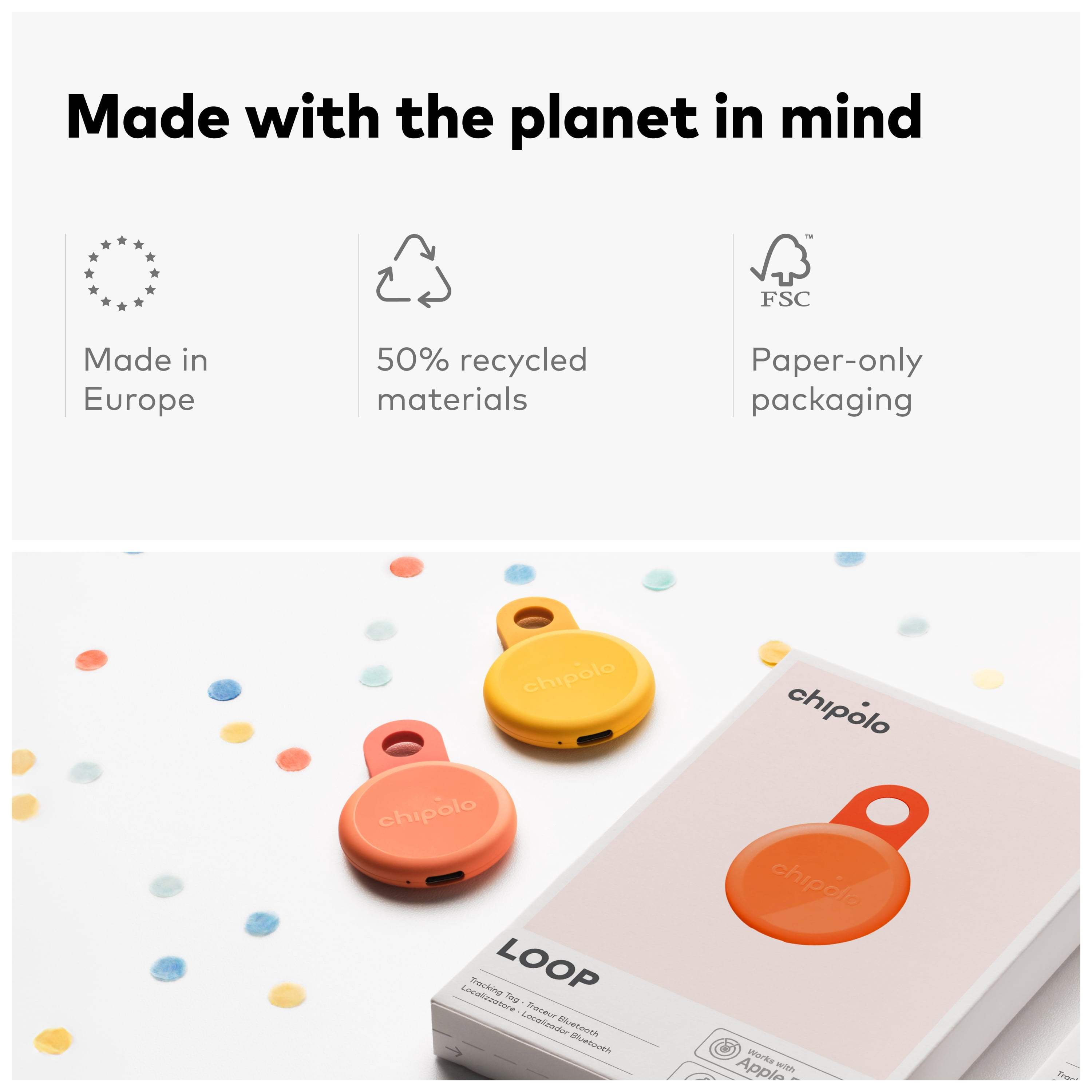Chipolo LOOP - Rechargeable Bluetooth Tracker for Key and Pocket Location, Compatible with Apple or Google, Call Your Phone & Out of Range Alerts for Android - 4 Pack (Charcoal/Chalk/Navy/Coral)