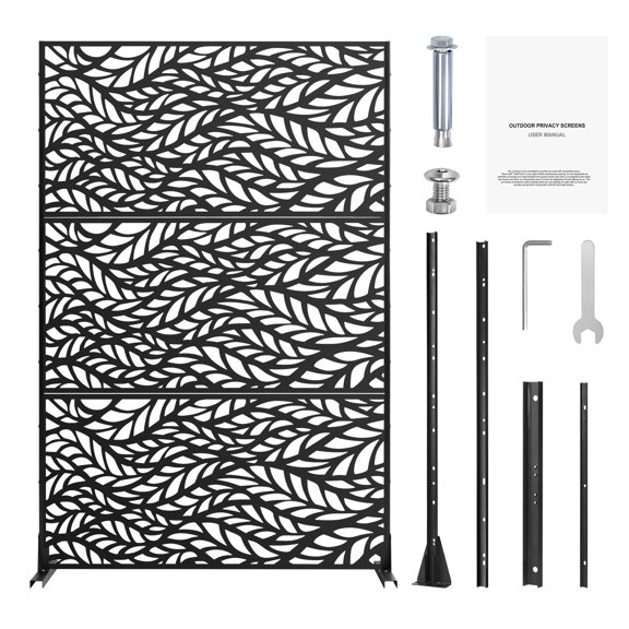 KFFKFF Metallic Seclusion Panel, Dimensions 47" Height x 72" Width, Exterior Seclusion Screens & Boards, Tri-Panel Ornamental Garden Metal Seclusion Barrier for Terrace Patio Indoor Space in Black