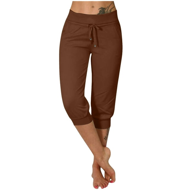Swstbby Summer Savings Clearance 2025! Womens Summer Capris Plus Size, Womens Casual Tight High Waisted Drawstring Button Pocket Cropped Pants Coffee L