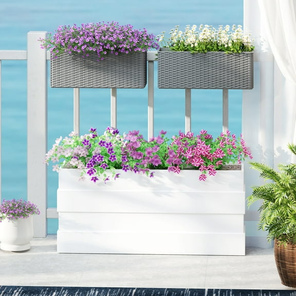 Outsunny Railing Planter Box (2 Pack, 20 Inch), Hanging Flower Pots with Hooks, Drainage Holes for Fence, Balcony, Garden, Patio, Rattan Look, Gray