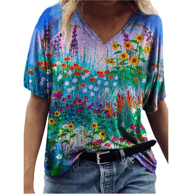Puntoco - Camiseta de manga corta suelta con cuello en V y estampado informal para mujer Puntoco Puntoco-5170