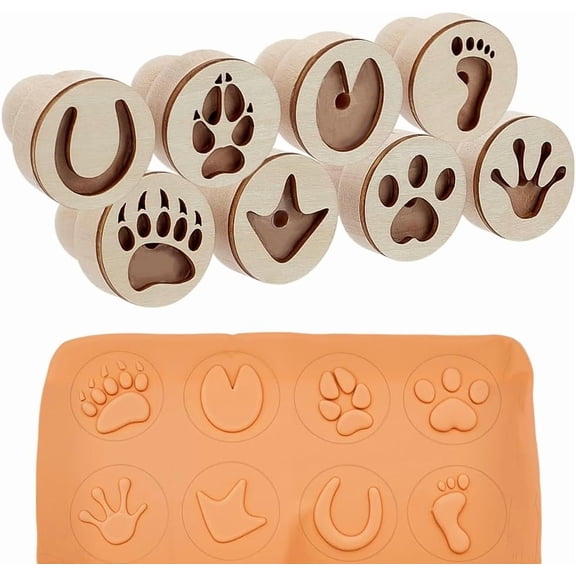 PH 8pcs Wooden Stamp for Clay Pottery Round Paw Print Stamp Small Natural Wood Animal Footprint Stamps Clay Pottery Stamps with Handle for DIY Craft Clay and Ceramic 1.7x1.5inch White