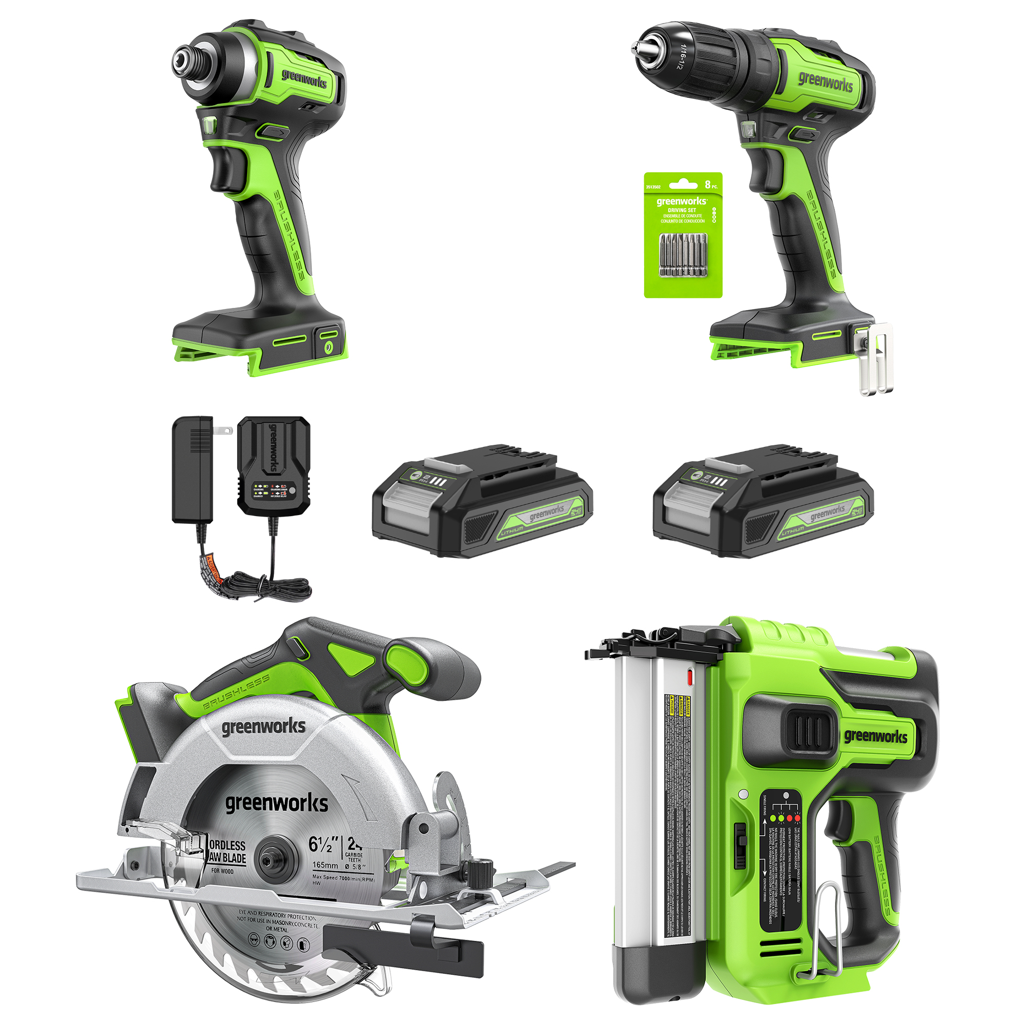 Greenworks 24V Carpentry 4 Power Tool Brushless Drill Driver Combo Kit + (2) 2Ah Batteries & Charger