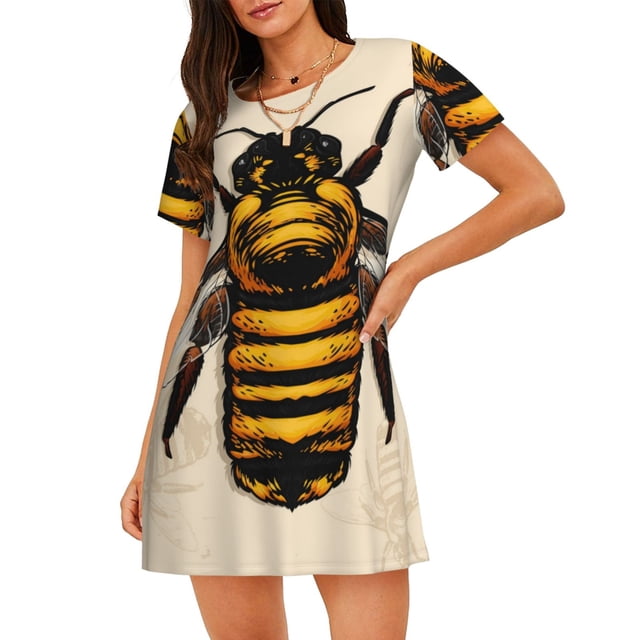 Fotbe Honey Bee Bata de Dormir para Mujer con Estampado, Camisón de Algodón de Manga Corta, Ropa de Dormir Casual