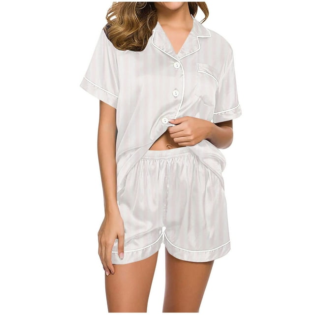 Ensembles de Pyjamas en Coton pour Femmes Chemises à Rayures à Col Rabattu Manches Courtes Hauts Ultra Doux Texturés Vêtements de Nuit Athlétiques Extensibles Boxeurs à Taille Élastique avec Cordon de Serrage Été Femmes 2 Pcs Chemise de Nuit
