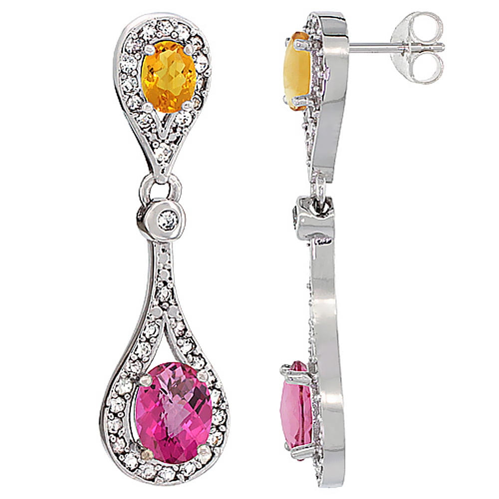 14K White Gold Natural Pink Topaz & Citrine Oval Dangling Earrings White Sapphire & Diamond Accents, 1 3 8 inches long by WorldJewels