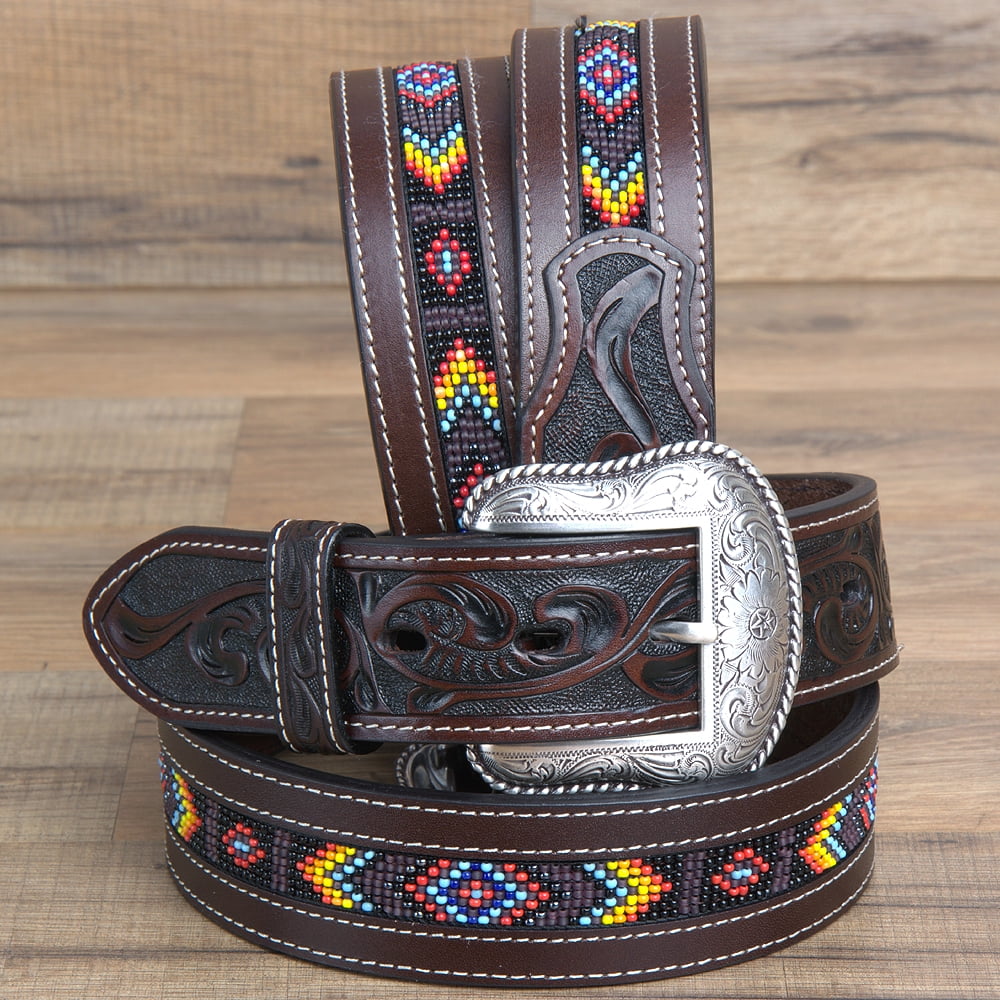 3246" ROPER MENS HAND TOOLED LEATHER W/ COLORFUL BEADED CENTER WESTERN BELT BRO