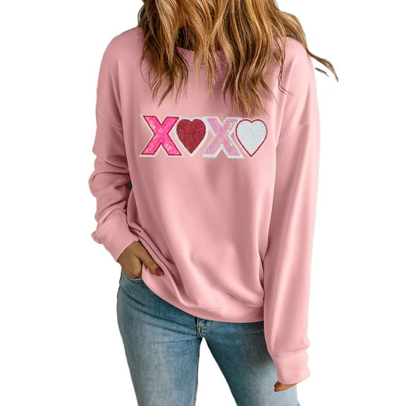 Women's Pink Sequin Heart XOXO Graphic Drop Shoulder Sweatshirt for Valentine's Day | [ZhiHiMeRi] | (US 20-22)2XL