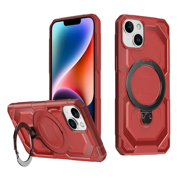 Heavy Duty Phone Case For iPhone 14,Built-in Rotatable Magnetic Ring Kickstand,Shockproof Dropproof Tough Rugged Anti-fall Protective Phone Case Cover For iPhone 14, Red