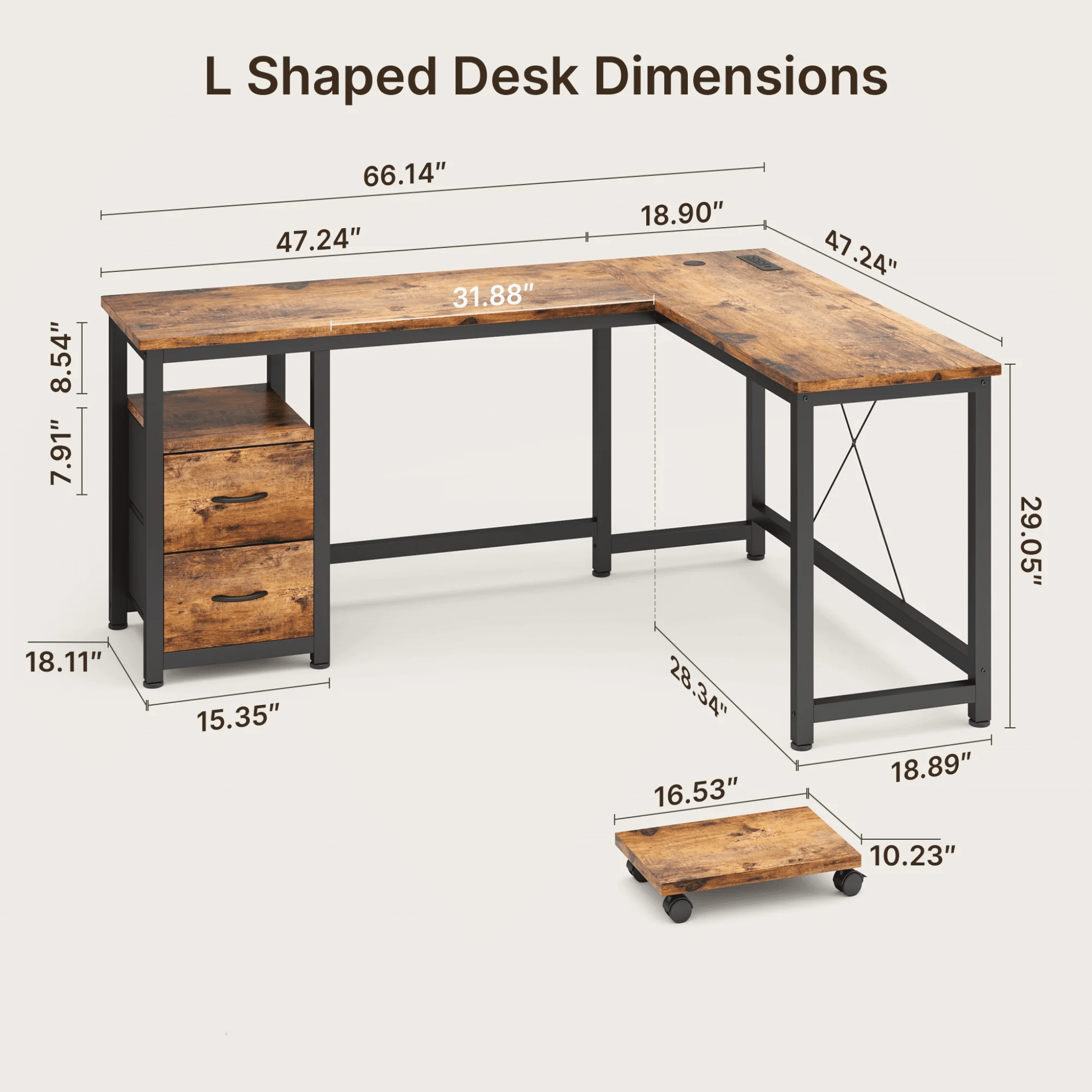 Computer Desk, Lofka 66" L Shaped Gaming Desk with Power Outlets and USB Charging Ports for Home Office, Retro Brown