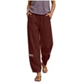 thumbnail image 3 of VBVC Women's Drawstring Cotton-Linen Harem Pants,Crochet Lace Hem Cropped Trousers For Women,Ladies Comfy Boho Beach Joggers with Pockets,Wine,S-2XL, 3 of 10