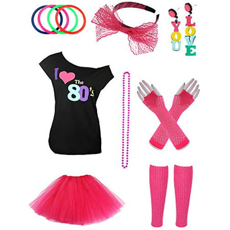 Jetec 80s Costume Accessories Set Necklace Bangle Leg Warmers Earrings Gloves Tutu Skirt T-Shirt for Party Accessory (M,
