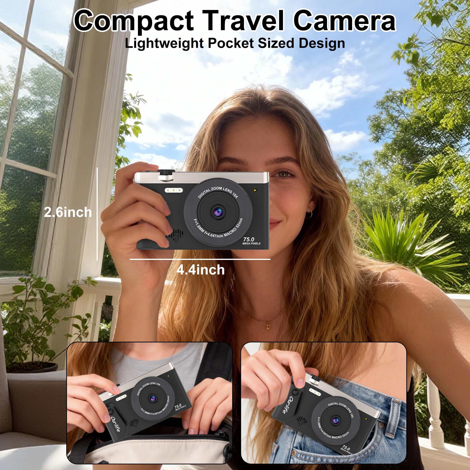 Ourlife 4K Vlogging Camera, 75MP Autofocus Compact Camera with Flip Screen, 18X Zoom, WiFi, Tripod & 32GB Card, Black
