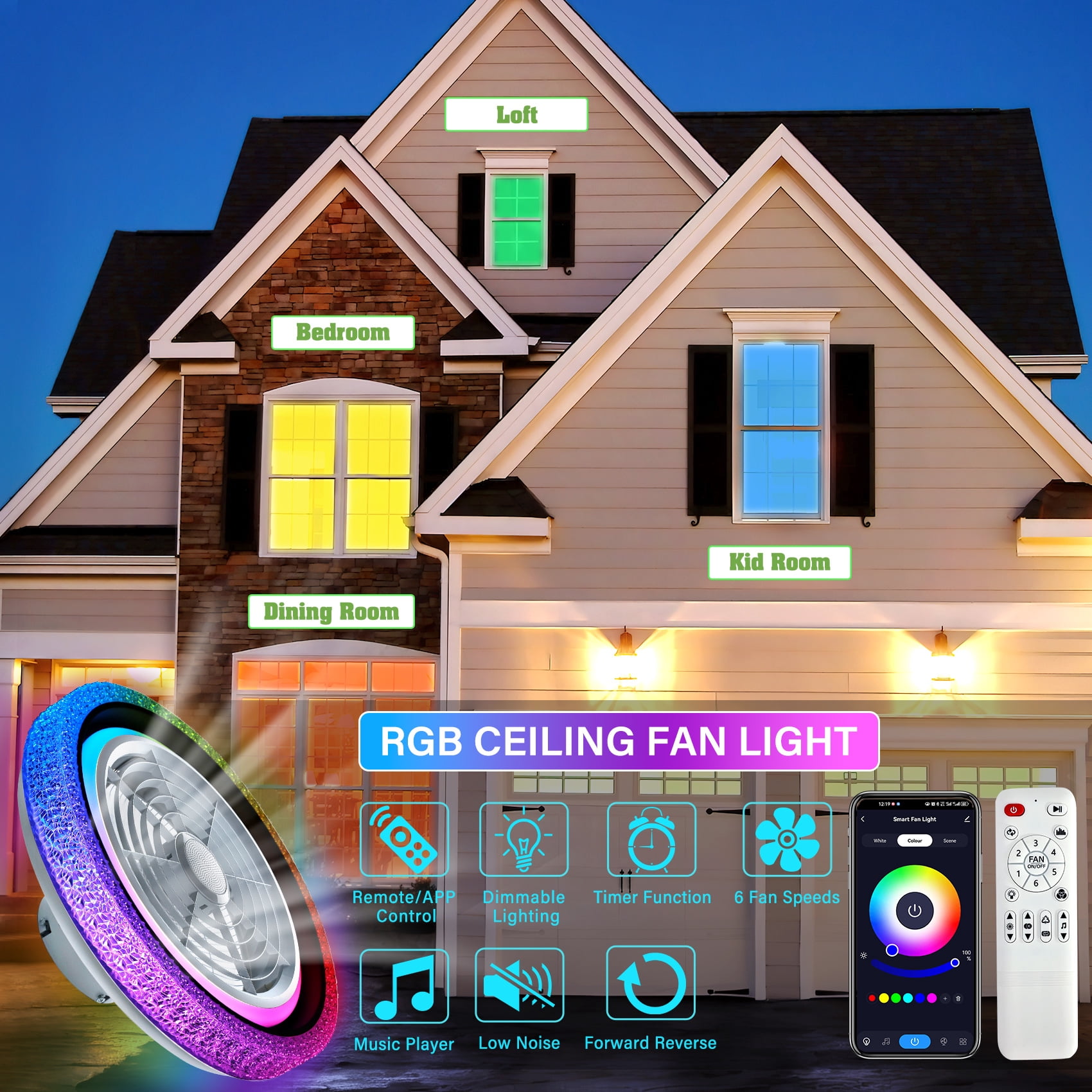 TCFUNDY 20" Smart Ceiling Fan w/ Light, RGB & LED, Smart Control Compatible with Voice Assistant Alexa/Google/Siri, Built-in Bluetooth Speaker, Bladeless Fan w/ 6 Speeds & Reversible, White