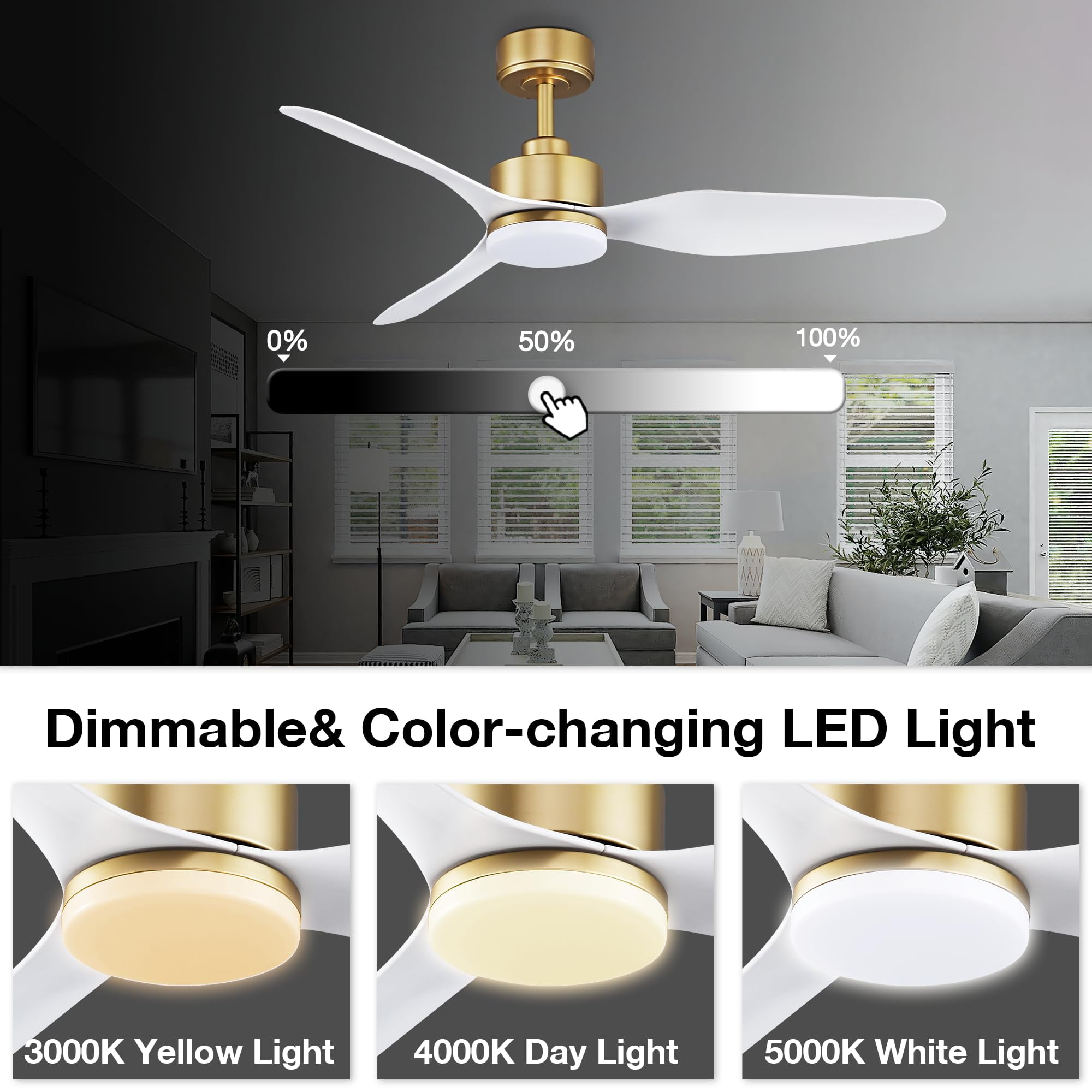 48 Inch Smart Ceiling Fans with Lights and Remote Control,Dimmable LED Light,Outdoor Indoor Gold White Ceiling Fan,Quiet DC Motor,WIFI Alexa App Workable,for Modern Bedroom Living Room Patio