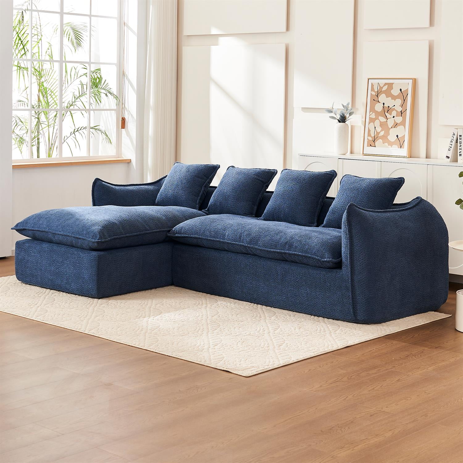 Demi Bonn 106" 3 Seater Compression Sofa for Living Room, Comfy L-Shape Couch with Chaise, Sleeper Sectional Couch for Apartments, Blue