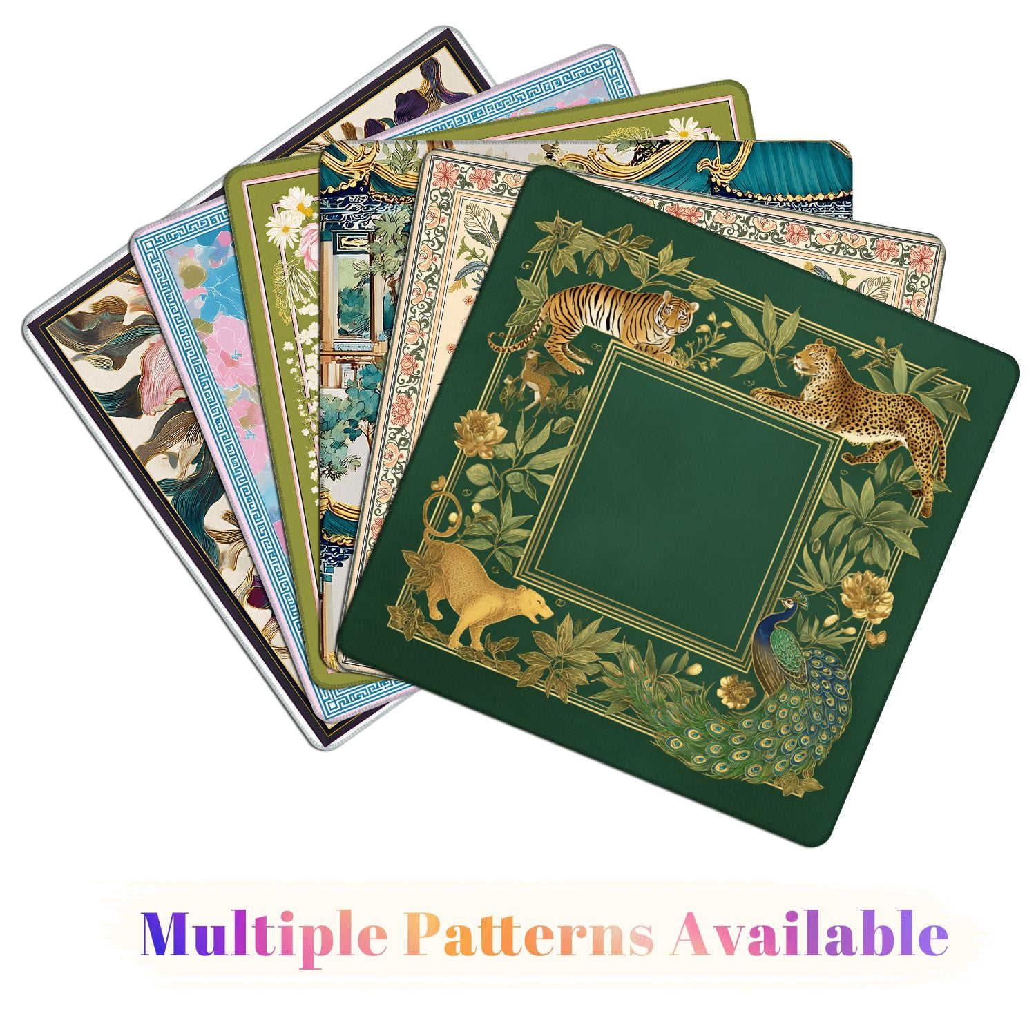 Mahjong Mat 31.5" x 31.5" Tropical Jungle Wildlife Tiger Leopard Peacock Golden Frame Non-Slip Noise Reduction American Mahjong Tiles Table Cover for Dominoes Poker Card Board Games Gift
