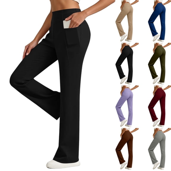 Yoga Pants with Pockets for Women Straight Leg Long Pants Elastic High Waist Workout Running Leggings Casual Work Trousers