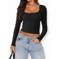 thumbnail image 3 of Female Long Sleeve Crop Top Square Neck Going Out Tops Cute Ribbed Knit Bow-Knot Lace Patchwork T Shirts Black S, 3 of 6