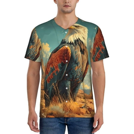 Hirioo Western Desert Cactus Bald Eagle for Men s Baseball T-shirt Shirts Short Sleeve Casual Summer Button Stretch T Shirts Size S-4XL-XX-Large