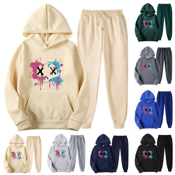 JURANMO 2 Piece Tracksuit for Women, Two Piece Sweatsuit Sets Fashion Print Long Sleeve Hooded Sweatshirts with Kangaroo Pocket Sweatpants Matching Sets Today's Deals Green L