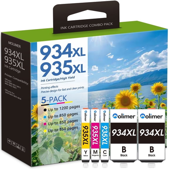 934 XL 935 XL Ink Cartridges(5 Pack 2 Black 1 Cyan 1 Yellow 1 Magenta) Compatible for 934 935 XL High Yield Ink Cartridges Combo Pack OfficeJet 6220 OfficeJet Pro 6830 6230 Printer