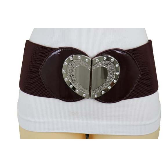Women Wide Brown Elastic Fashion Belt Silver Heart Buckle S M