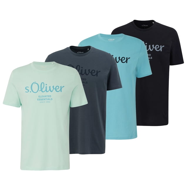 s.Oliver Camiseta para hombre, pack de 4 - básica, estampado logo, cuello redondo, algodón Turquesa/Gris oscuro/Turquesa/Negro L (Large)