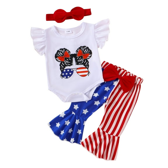 Aojekbee Baby Girls 4th of July Outfits Ruffle Sleeve Romper Bow Flare Pants Headband Set Newborn Clothes