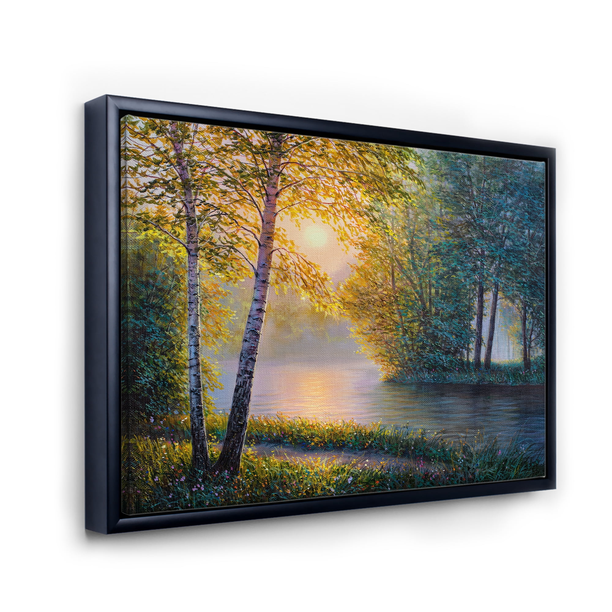 Sunrise Summer With Beautiful River Spring Forest 32 in x 24 in Framed Photography Canvas Art Print, by Designart