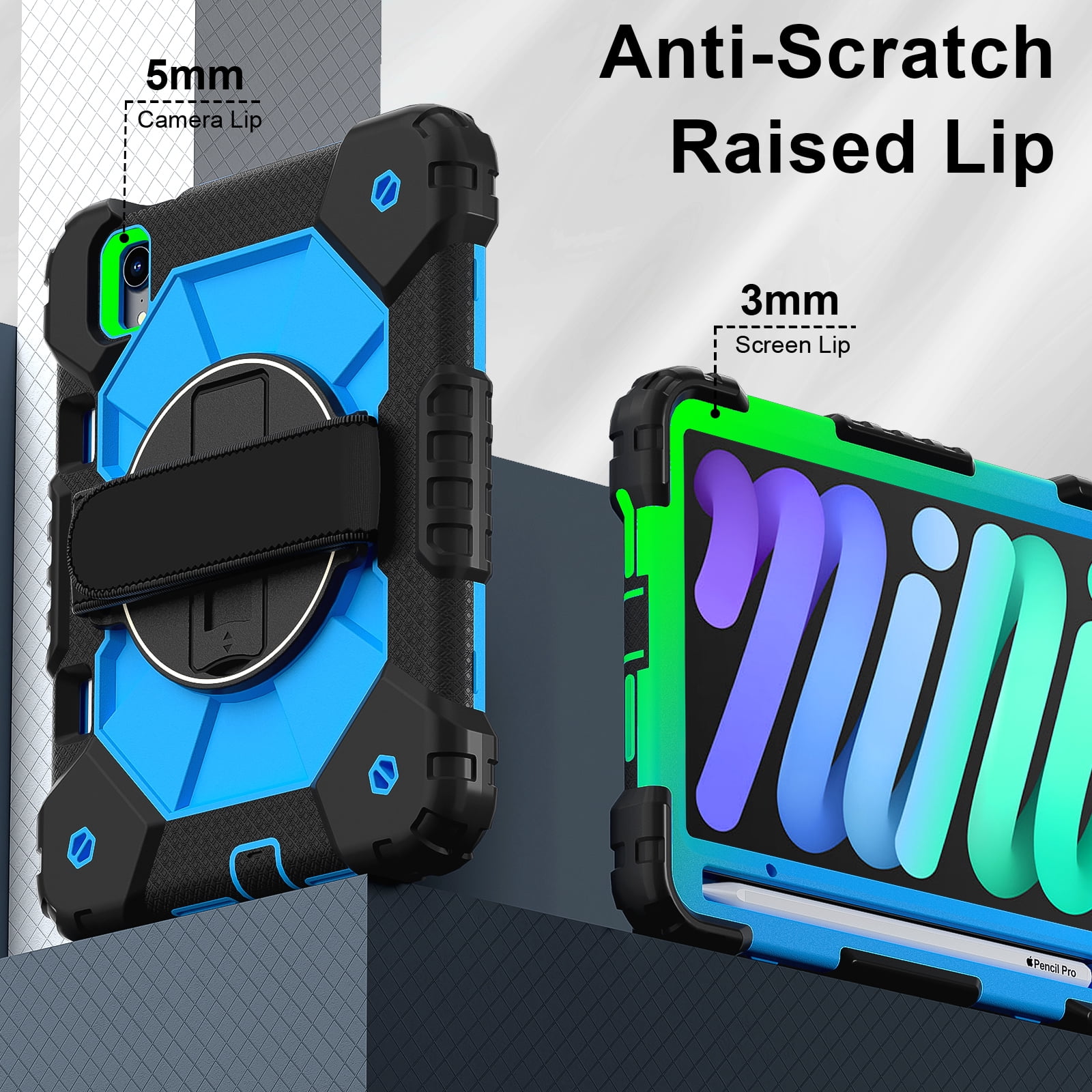 For iPad Mini 7th 6th Generation Case with Pencil Holder, Heavy Duty Shockproof Ruggd Rotating Kickstand Hand Strap Cover Case with Shoulder Strap Kids Friendly Case for Apple iPad Mini 6 7,Black+Blue