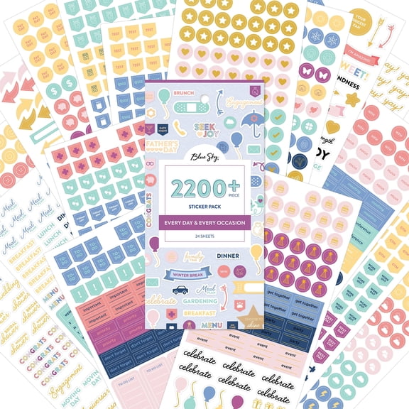 Blue Sky Every Day & Every Occasion 2200 Sticker Pack, Planner and Calendar Pack, 4.49” x 9.06”, Full Color and Gold Foil, 24 Sheets