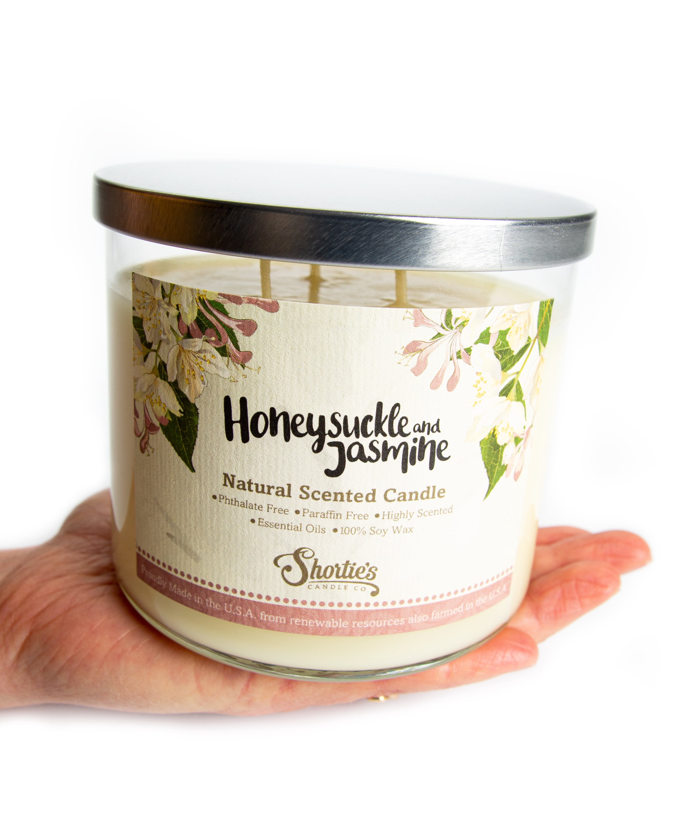 Honeysuckle Jasmine Scented 3 Wick Candle - All Natural - Made with 100% Responsibly Sourced Soy and Essential Fragrance Oils - Phthalate & Paraffin Free, Vegan, Non-Toxic