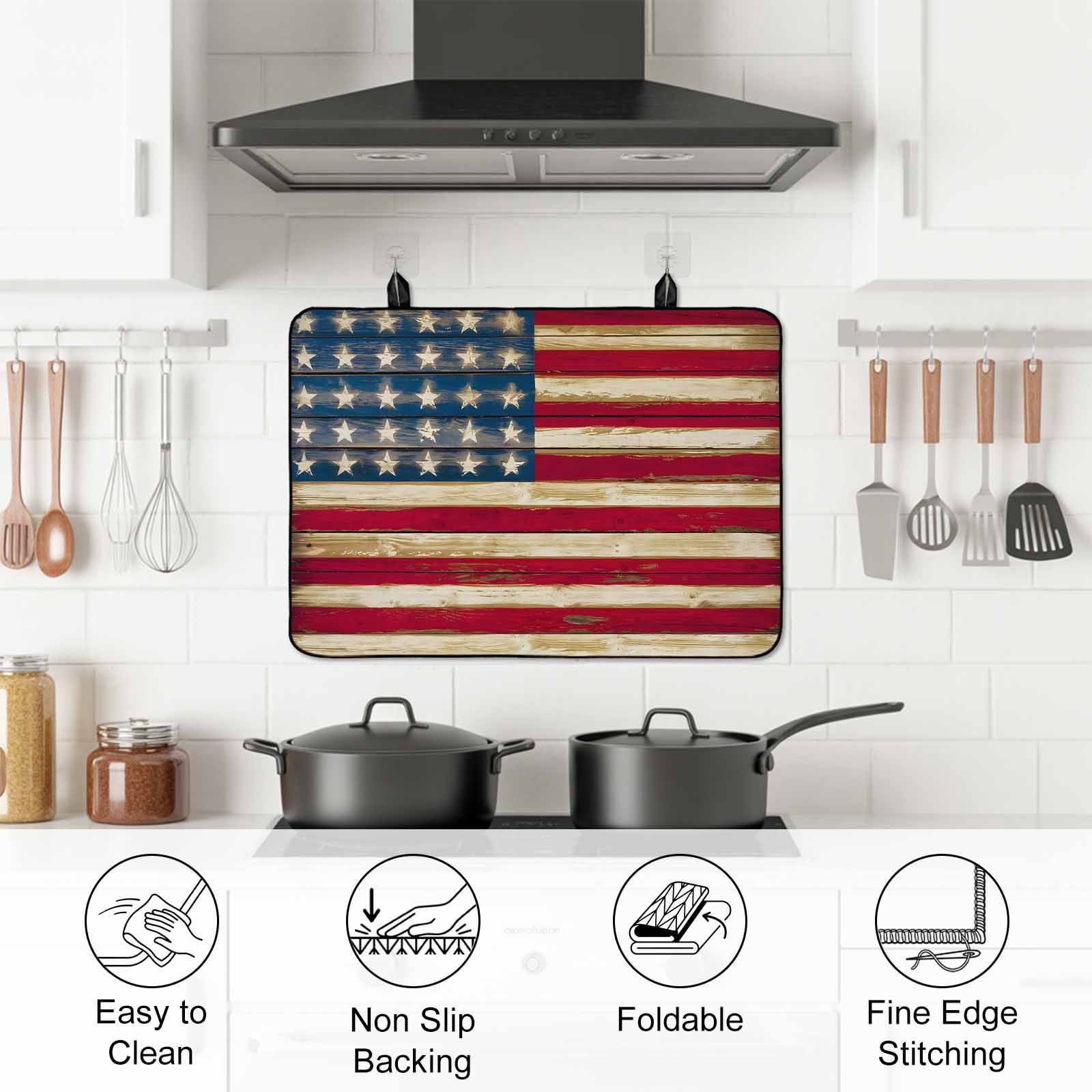 American Flag Vintage Stove Top Cover for Electric Stove, Heat-proof & Non Slip Glass Top Stove Cover Protector, Brown Red Stripes US Flag Kitchen Flat Cooktop Rubber Mat 24x21 Inches