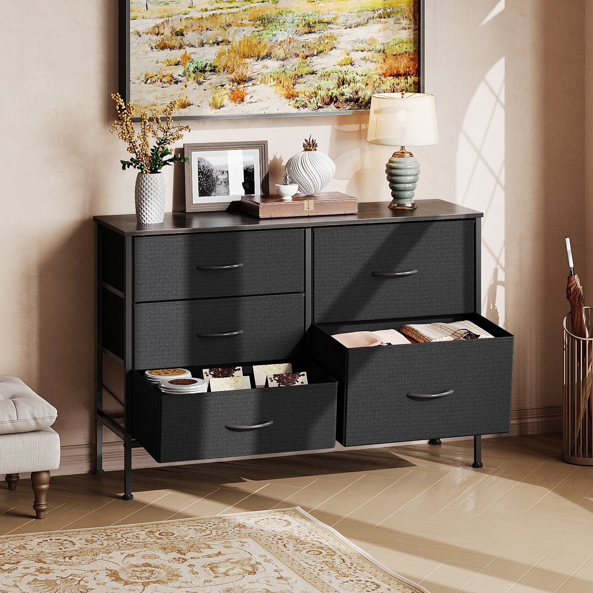 GALAXHERO 5 Drawer Dresser for Bedroom, Wide Chest of Drawers Nightstand Storage Organizers with Wood Top for Living Room, Hallway, Charcoal Black