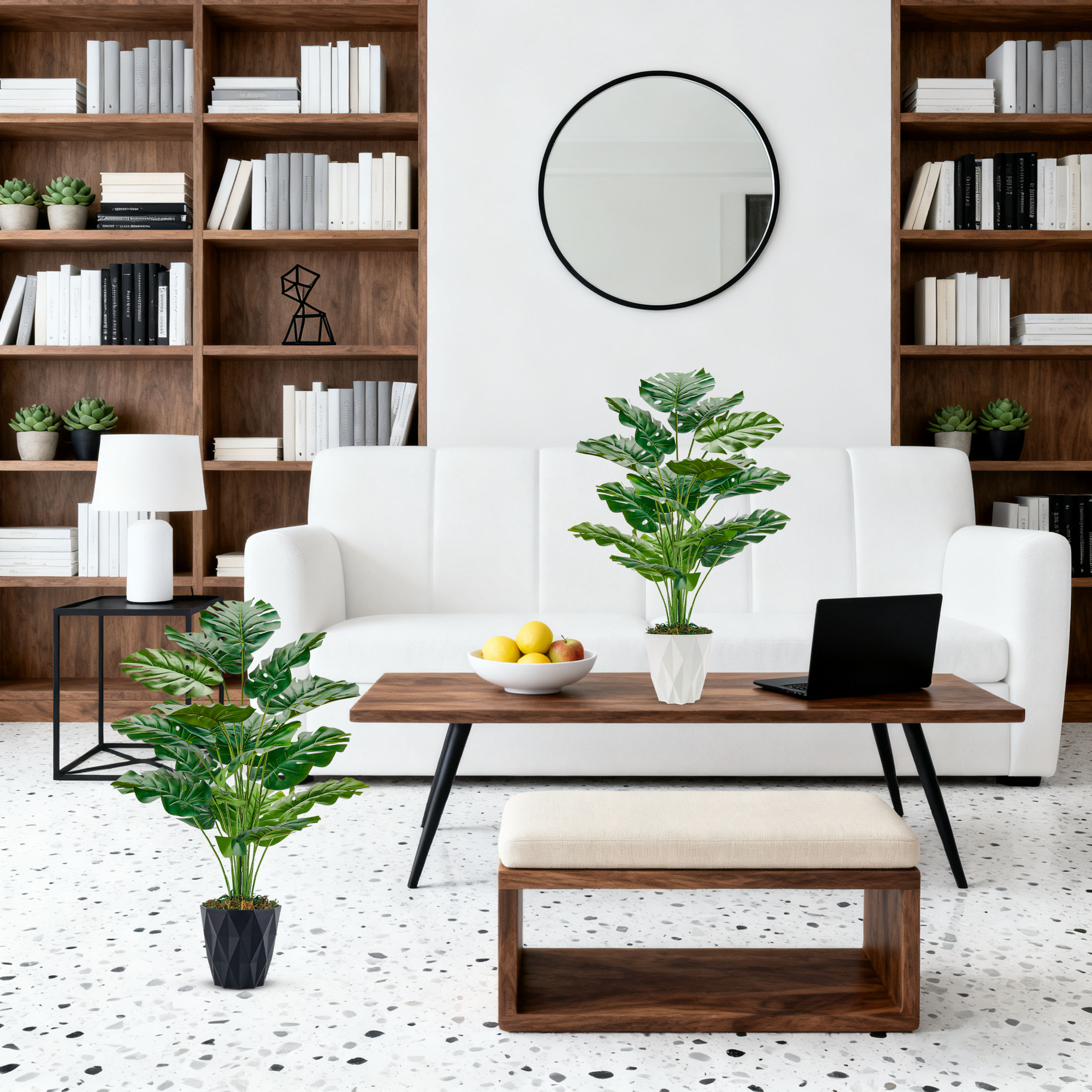 2 Pack 28" Realistic Artificial Monstera Plants Faux Indoor Greenery with White and Black Pots for Home Office Living Room Decoraction