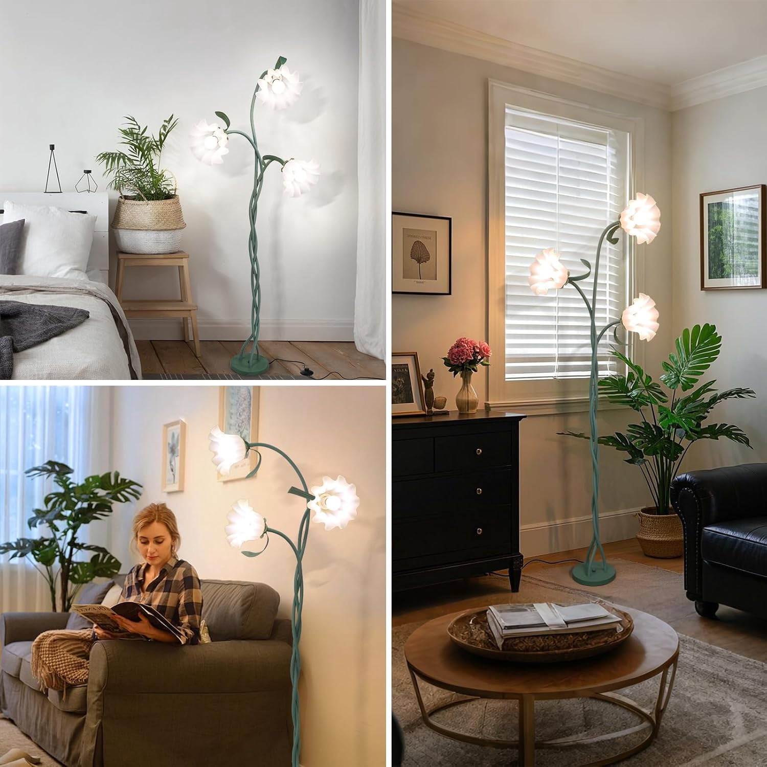Vintage Flower Floor Lamp for Girls' Bedroom, Cute 3 Heads Floor Reading Light with Flexible Gooseneck, 3 Colors Modern Corner Standing Lamp with Lily for Living Room Office Home Decor,Bulbs Included
